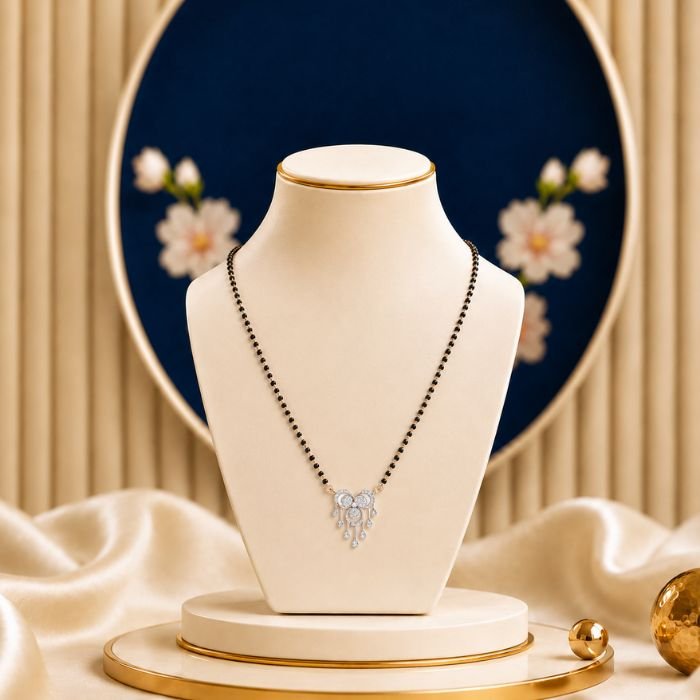 Raindrop Charm Chandelier Lab Grown Diamond Mangalsutra – Delicate Drop Pendant Necklace for Women Raindrop Charm Chandelier Lab Grown Diamond Mangalsutra featuring delicate chandelier-style raindrop charms adorned with sparkling lab-grown diamonds and elegant black bead chain detailing.