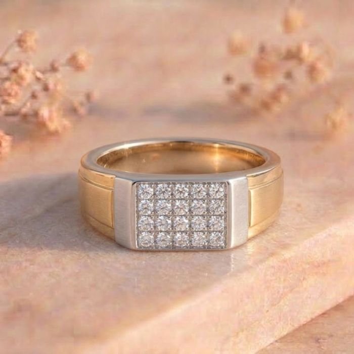Rectangle Pavé Panel Two-Tone Signet Ring Rectangle Pavé Panel Two-Tone Signet Ring featuring a bold rectangular pavé-set diamond panel with elegant two-tone signet craftsmanship.