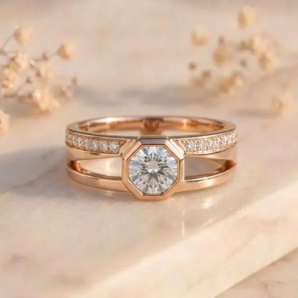 Rose Gold Octagon Diamond Ring featuring an elegant octagon-inspired design adorned with sparkling lab-grown diamonds in a luxurious rose gold finish.