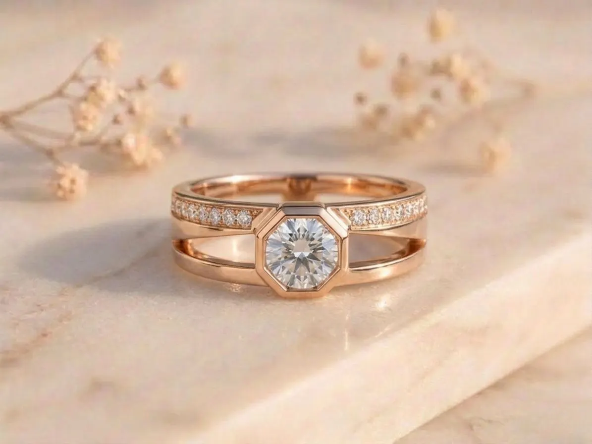 Rose Gold Octagon Diamond Ring Rose Gold Octagon Diamond Ring featuring an elegant octagon-inspired design adorned with sparkling lab-grown diamonds in a luxurious rose gold finish.