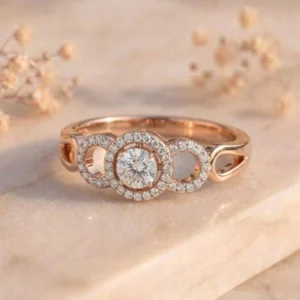 Round Halo Triple Circle Open Shoulder Diamond Ring featuring a sparkling round halo diamond with triple circle detailing and elegant open shoulder craftsmanship.