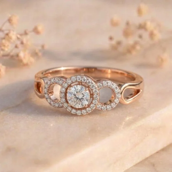 Round Halo Triple Circle Open Shoulder Diamond Ring featuring a sparkling round halo diamond with triple circle detailing and elegant open shoulder craftsmanship.