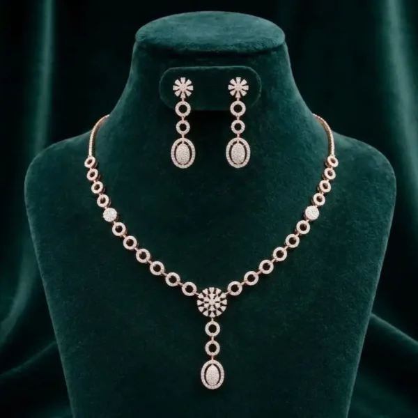Sophisticated round-link necklace and earring set featuring pavé-set diamond circles on a premium velvet display.