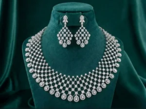 Royal Mesh Diamond Bridal Set featuring intricate mesh-inspired craftsmanship adorned with sparkling lab-grown diamonds and matching bridal earrings.