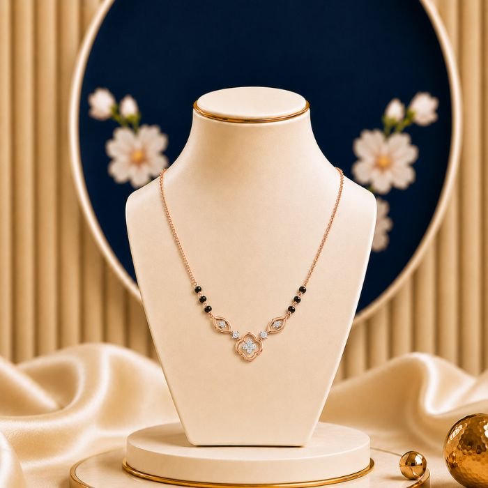 Shimmering Clover Design Mangalsutra Shimmering Clover Design Mangalsutra featuring elegant clover-inspired motifs adorned with sparkling lab-grown diamonds and refined black bead chain detailing.