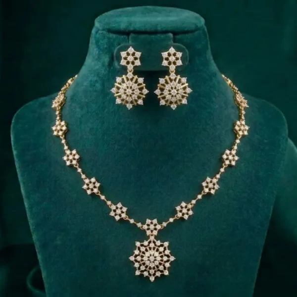 Snowflake Station Diamond Necklace Set featuring delicate snowflake-inspired station motifs adorned with sparkling lab-grown diamonds and matching elegant earrings.