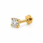 Front view of Lumi Solitaire Lab Grown Diamond Nose Pin featuring a round brilliant diamond in four yellow gold prongs.