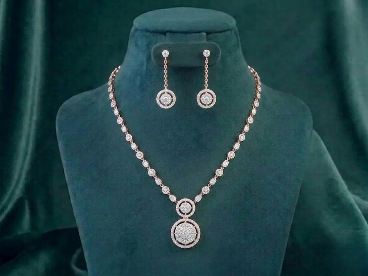 Sparkling Diamond Necklace Set Close-up of a brilliant diamond necklace and matching earrings set against a soft velvet background.