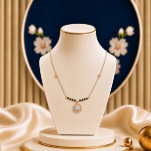 Striking Cluster Diamond Mangalsutra featuring a bold cluster-inspired pendant adorned with sparkling lab-grown diamonds and elegant black bead chain detailing.