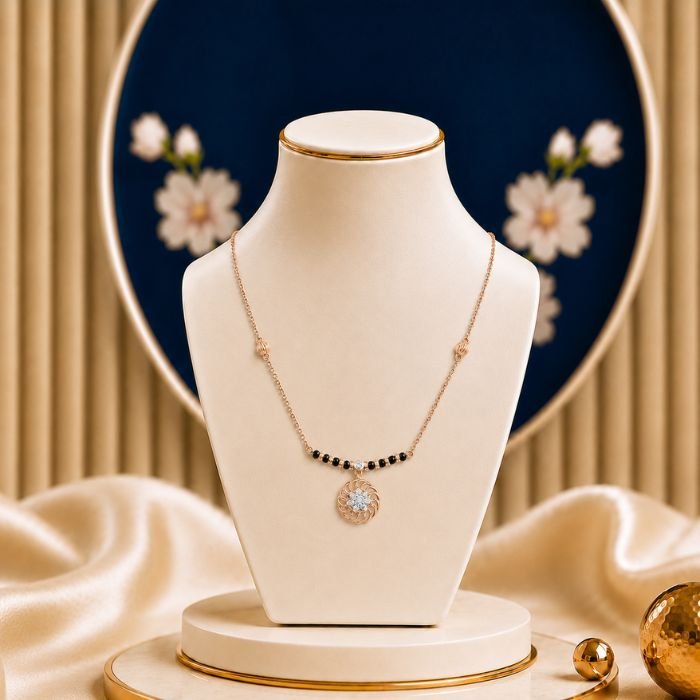 Striking Cluster Diamond Mangalsutra Striking Cluster Diamond Mangalsutra featuring a bold cluster-inspired pendant adorned with sparkling lab-grown diamonds and elegant black bead chain detailing.