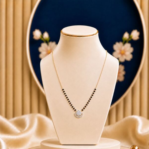 Sunburst Halo Lab Grown Diamond Mangalsutra featuring a radiant sunburst-inspired halo motif adorned with sparkling lab-grown diamonds and elegant black bead chain detailing.