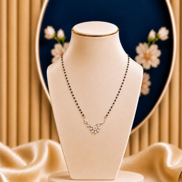Sunray Spray Lab Grown Diamond Mangalsutra featuring radiant sunray-inspired spray motifs adorned with sparkling lab-grown diamonds and elegant black bead chain detailing.