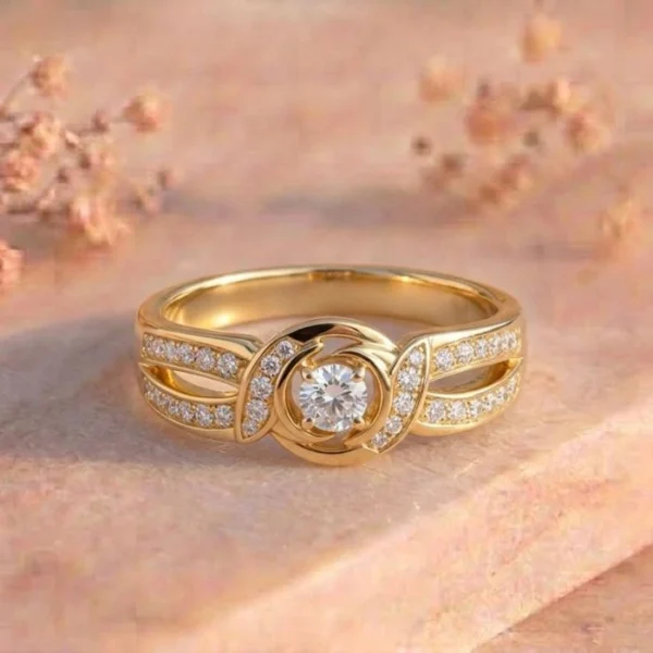 Swirl Halo Pavé Solitaire Yellow Gold Ring featuring a sparkling solitaire lab-grown diamond surrounded by a swirl halo and pavé detailing in elegant yellow gold.