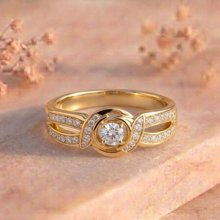 Swirl Halo Pavé Solitaire Yellow Gold Ring Swirl Halo Pavé Solitaire Yellow Gold Ring featuring a sparkling solitaire lab-grown diamond surrounded by a swirl halo and pavé detailing in elegant yellow gold.
