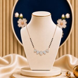 Teardrop Design Diamond Mangalsutra featuring a graceful teardrop-inspired pendant adorned with sparkling lab-grown diamonds and elegant black bead chain detailing.