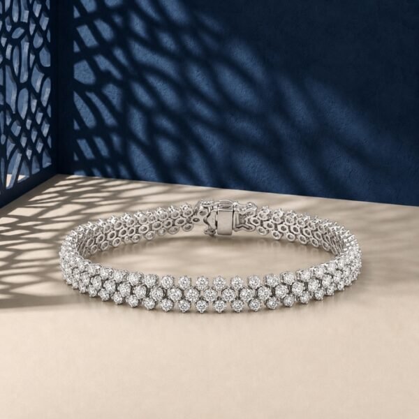 A high-end macro photo of a triple-row round lab diamond tennis bracelet titled Tennis Bracelet
