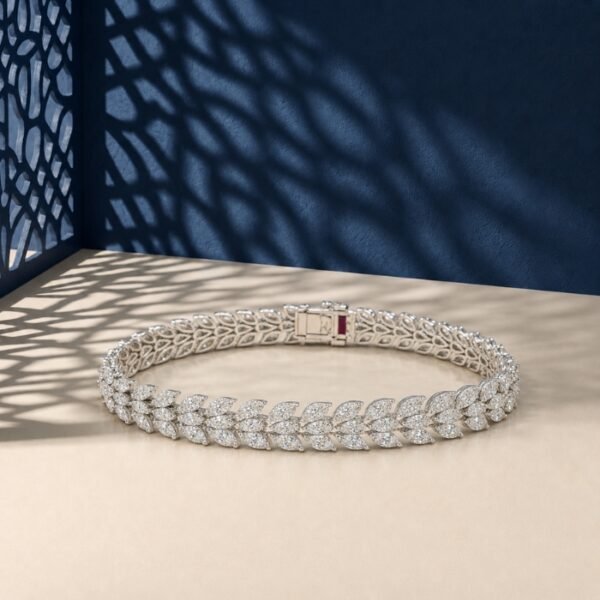 A high-end macro photo of a laurel leaf marquise lab diamond tennis bracelet titled image