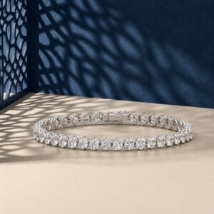 A professional macro photo of an oval cut lab diamond tennis bracelet in white gold.