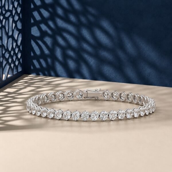 A professional macro photo of an oval cut lab diamond tennis bracelet in white gold.