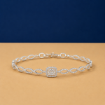 Infinity emerald cut lab diamond bracelet with pavé twist chain and halo center.