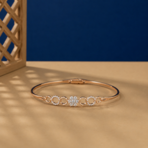 Floral lab diamond bangle bracelet in rose gold finish with circular accents.