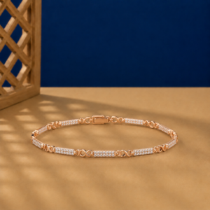 Rose gold lab diamond infinity bracelet with pavé bars and infinity link connections.
