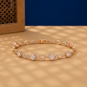 Round lab diamond halo bracelet in rose gold with alternating marquise links.