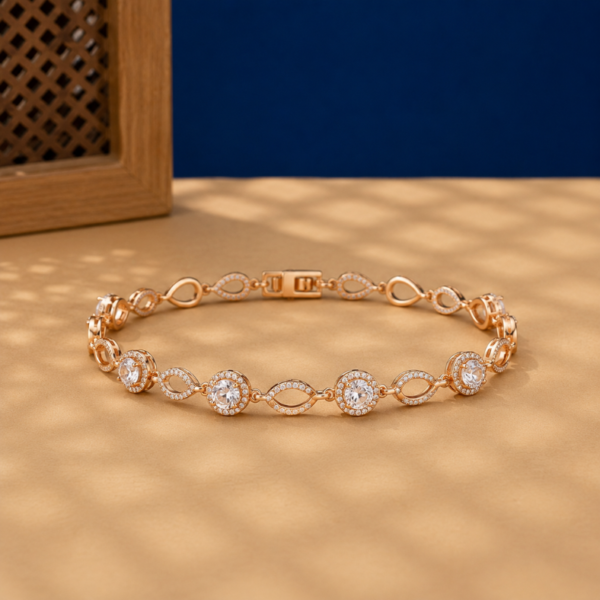 Round lab diamond halo bracelet in rose gold with alternating marquise links.