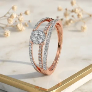 Front View: Rose gold diamond triple band ring front view showing layered design