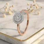 Front View: Rose gold CVD diamond floral halo ring front view showing flower design