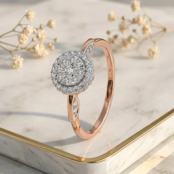 Front View: Rose gold CVD diamond floral halo ring front view showing flower design