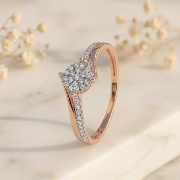 Front View: Lab-grown CVD diamond bypass cluster ring front view in gold