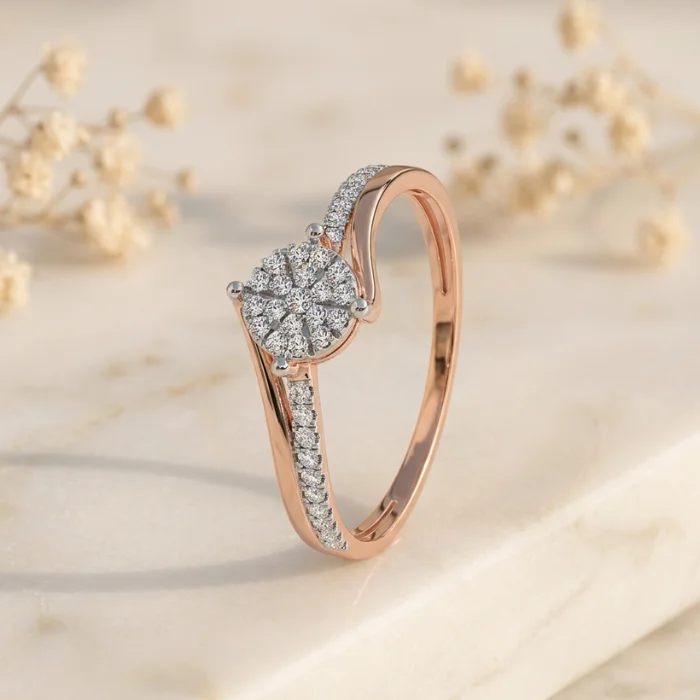 The Kentley Chevron Ring (2) Front View: Lab-grown CVD diamond bypass cluster ring front view in gold
