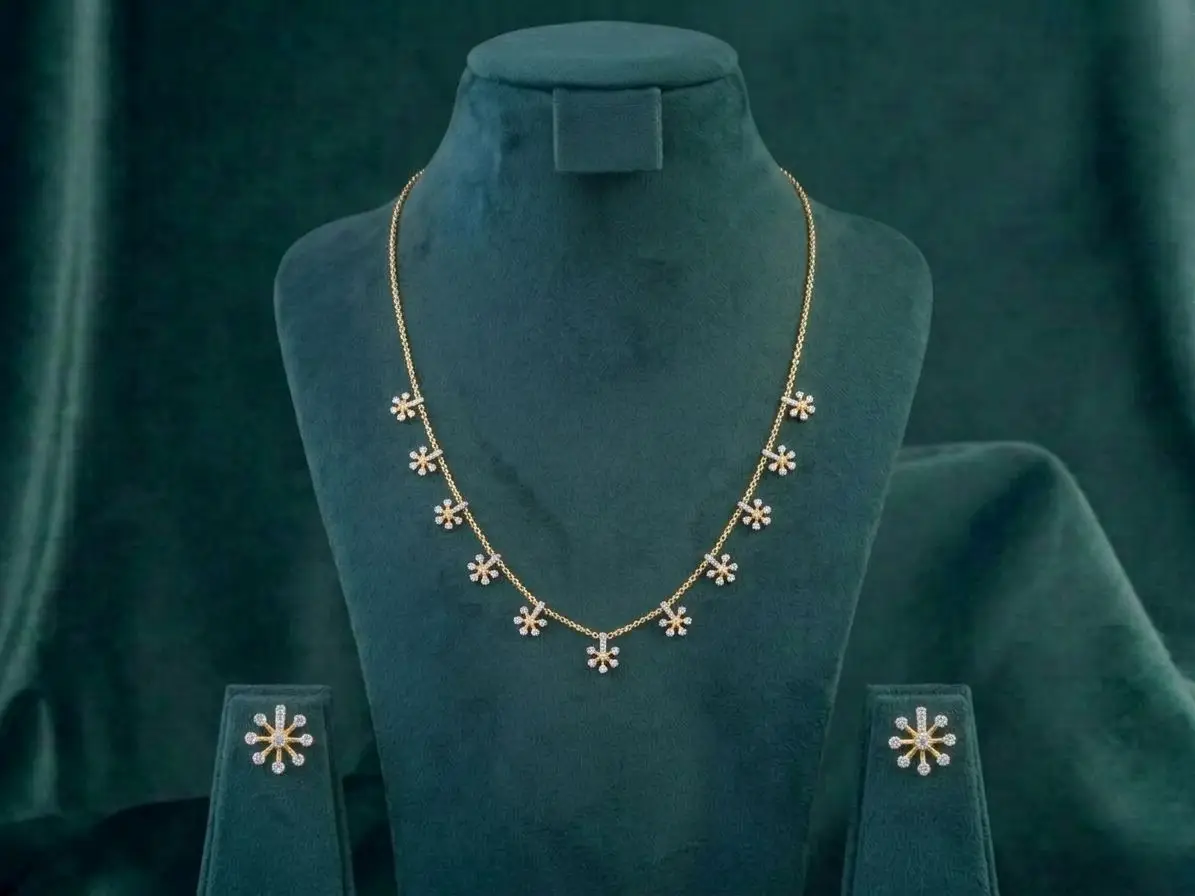 Tiny Blossom Diamond Necklace Set Tiny Blossom Diamond Necklace Set featuring delicate floral motifs adorned with sparkling lab-grown diamonds and matching elegant earrings.