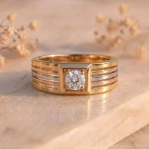 Tri-Color Stripe Solitaire Signet Ring featuring a bold signet design with elegant tri-color stripe detailing and a sparkling solitaire lab-grown diamond.
