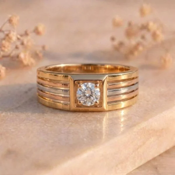 Tri-Color Stripe Solitaire Signet Ring featuring a bold signet design with elegant tri-color stripe detailing and a sparkling solitaire lab-grown diamond.