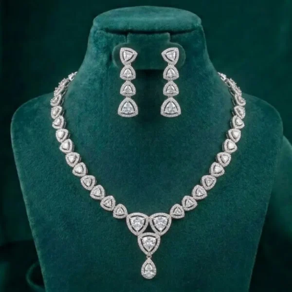 Trillion Drop Diamond Necklace Set featuring elegant trillion-cut drop motifs adorned with sparkling lab-grown diamonds and matching sophisticated earrings.