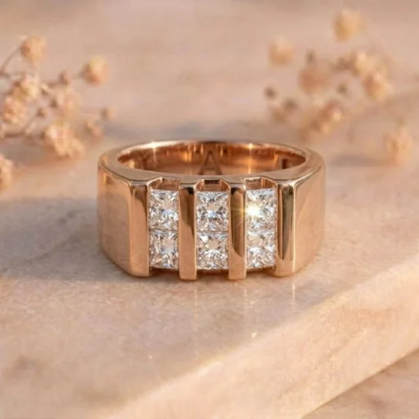 Triple Column Princess Cut Rose Gold Signet Ring featuring bold triple-column detailing with a sparkling princess-cut lab-grown diamond in a luxurious rose gold finish.