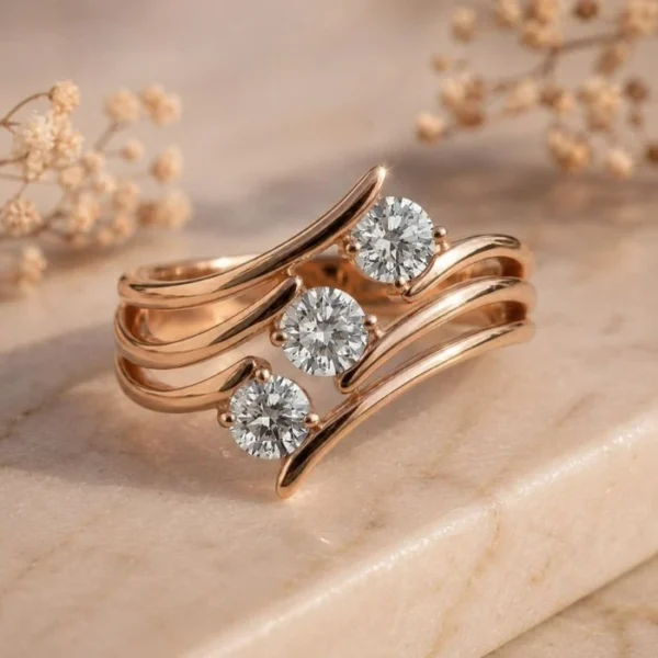Triple Wave Bypass Three Stone Rose Gold Ring featuring flowing triple-wave bypass detailing with three sparkling lab-grown diamonds in a luxurious rose gold finish.