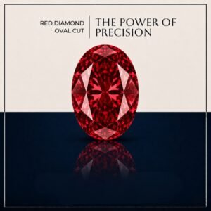 Loose red oval cut lab grown diamond showing vivid red clarity and brilliant facet structure on a neutral background.