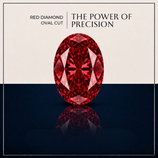Loose red oval cut lab grown diamond showing vivid red clarity and brilliant facet structure on a neutral background.