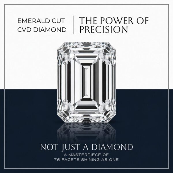 Premium loose emerald cut lab diamond with clear step cut facets on a luxury reflective background