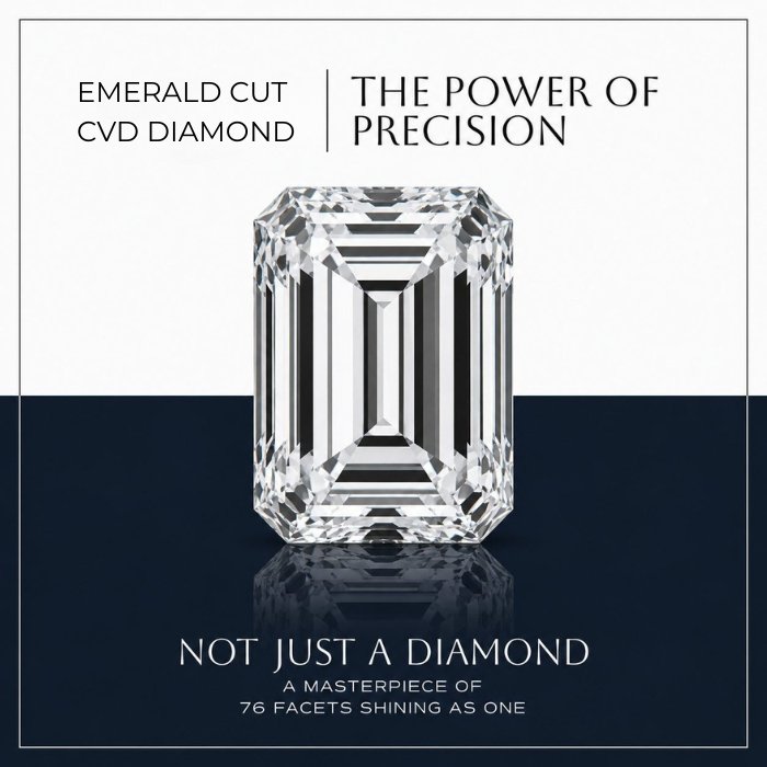 loose-emerald-cut-lab-diamond Premium loose emerald cut lab diamond with clear step cut facets on a luxury reflective background