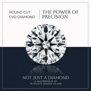 Round cut lab diamond displaying brilliant classic faceting on a reflective surface with a blue background