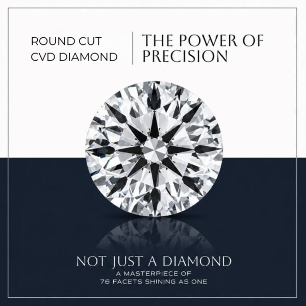 Round cut lab diamond displaying brilliant classic faceting on a reflective surface with a blue background