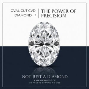 Oval cut lab diamond displaying brilliant classic faceting on a reflective surface with a blue background