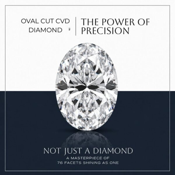 Oval cut lab diamond displaying brilliant classic faceting on a reflective surface with a blue background