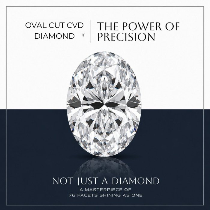 loose-oval-cut-lab-diamond Oval cut lab diamond displaying brilliant classic faceting on a reflective surface with a blue background