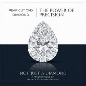 Pear cut lab diamond displaying brilliant classic faceting on a reflective surface with a blue background