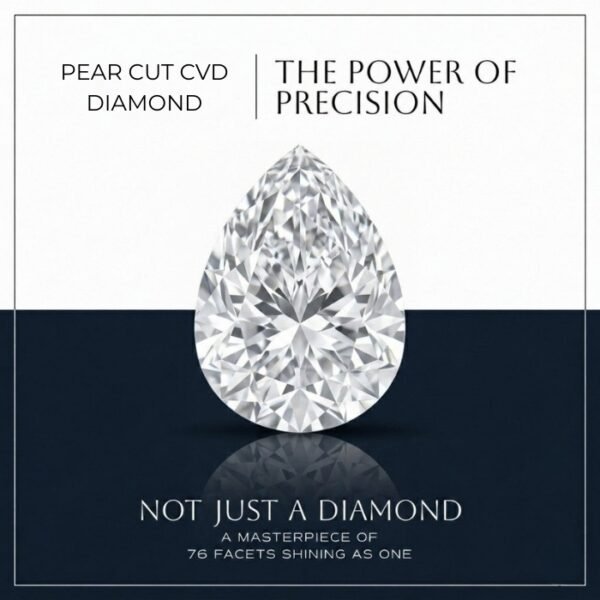 Pear cut lab diamond displaying brilliant classic faceting on a reflective surface with a blue background